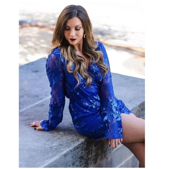 Bebe Royal Blue Hand Embellished Scalloped Romper Size Medium NWT - Picture 2 of 16